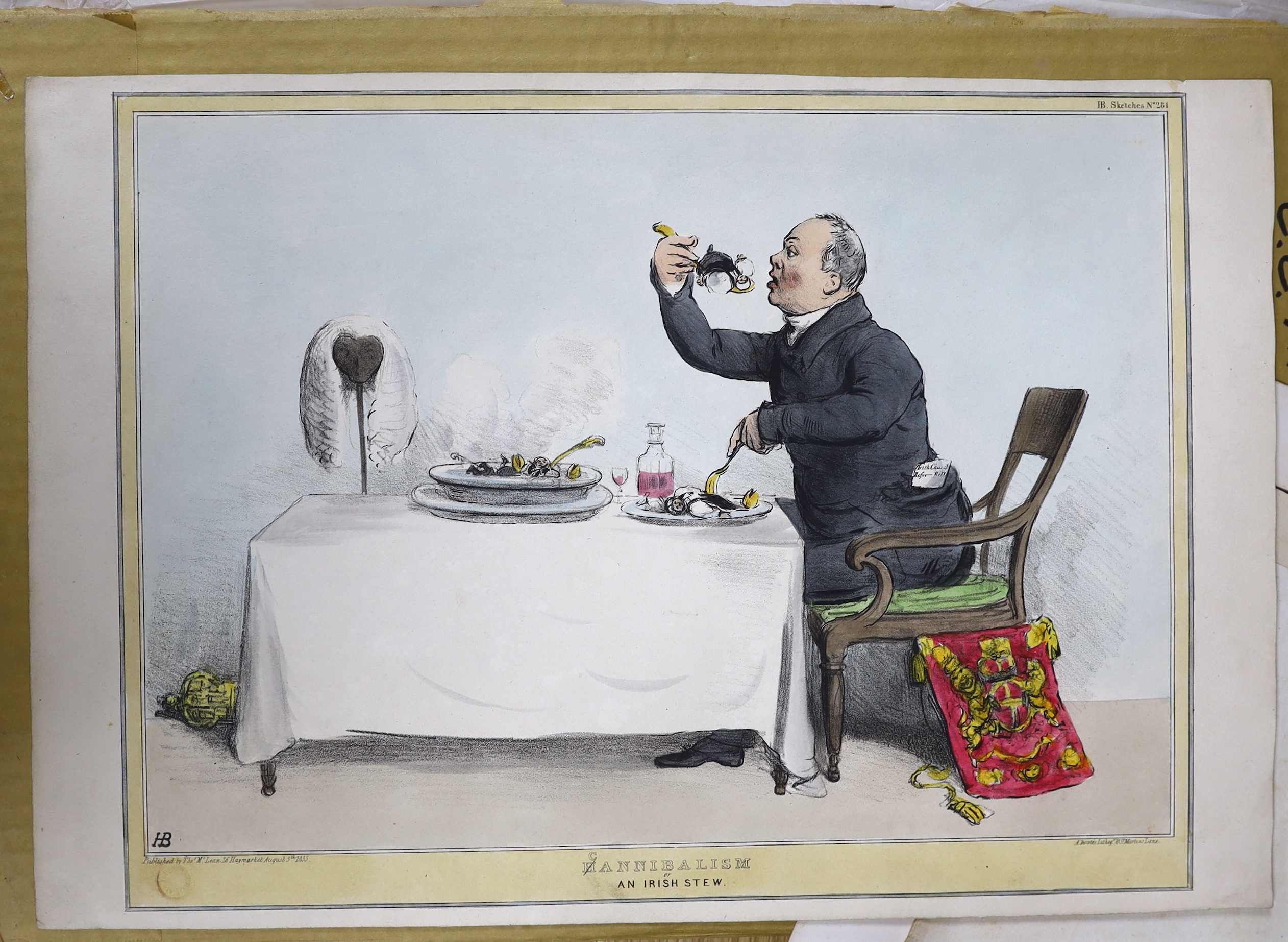A folio of 18th and 19th century colour lithographs and prints including after Thomas Rowlandson, ‘Dr. Syntax in the Glasshouse’, published March 1820 and after Godfrey Kneller, Thomas Holles Pelham, Duke of Newcastle an